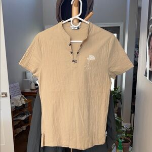 Men's Beige Short-Sleeve Henley with Embroidered Detail